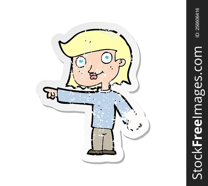 retro distressed sticker of a cartoon pointing person