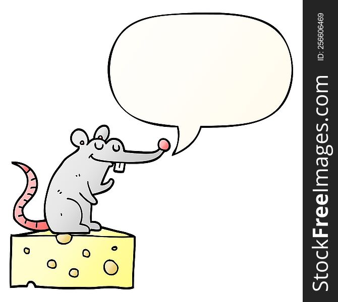 cartoon mouse sitting on cheese with speech bubble in smooth gradient style