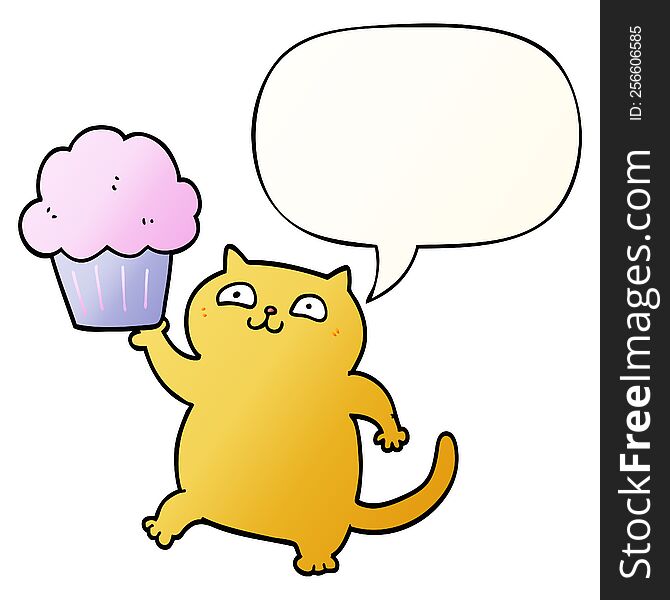 Cartoon Cat And Cupcake And Speech Bubble In Smooth Gradient Style