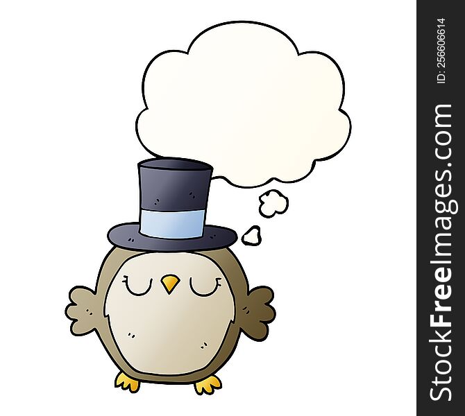 cartoon owl wearing top hat with thought bubble in smooth gradient style
