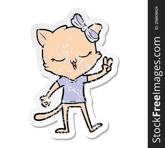 Distressed Sticker Of A Cartoon Cat With Bow On Head Giving Peace Sign