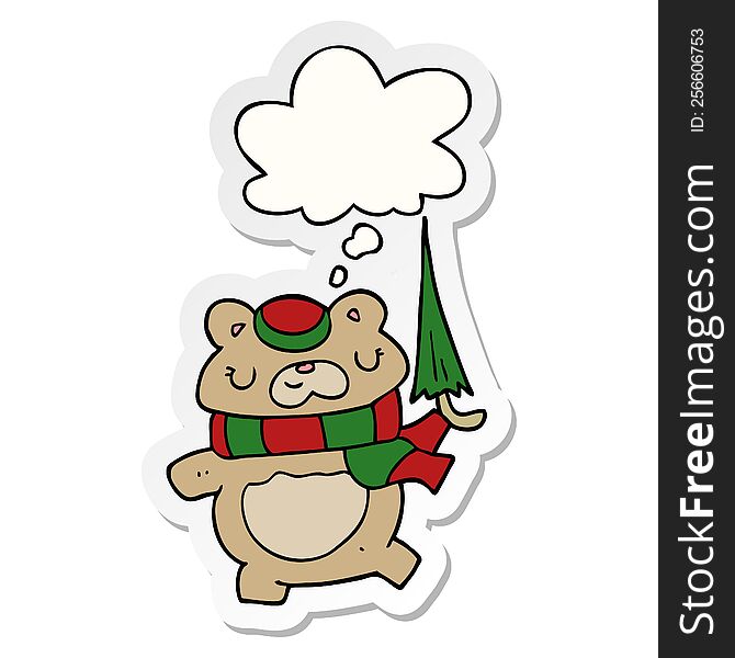 Cartoon Bear With Umbrella And Thought Bubble As A Printed Sticker