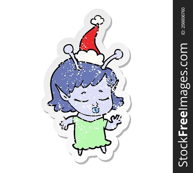 Cute Alien Girl Distressed Sticker Cartoon Of A Wearing Santa Hat