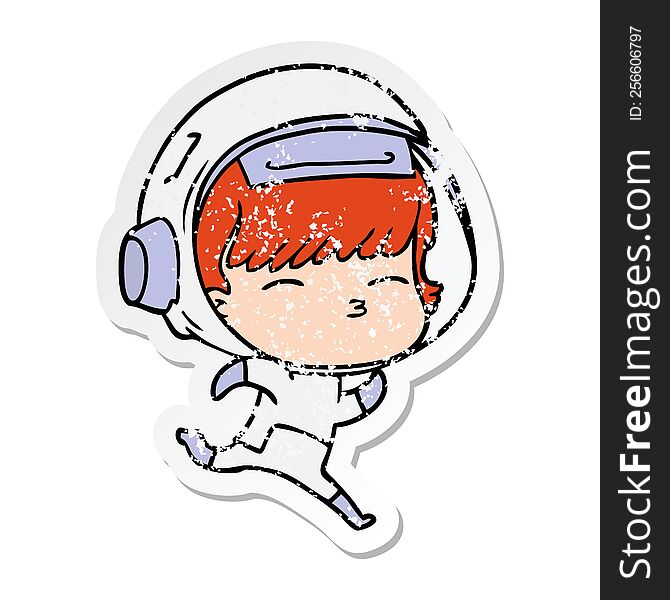 Distressed Sticker Of A Cartoon Running Astronaut
