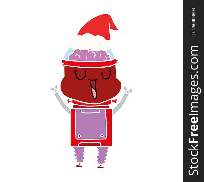 Happy Flat Color Illustration Of A Robot Wearing Santa Hat