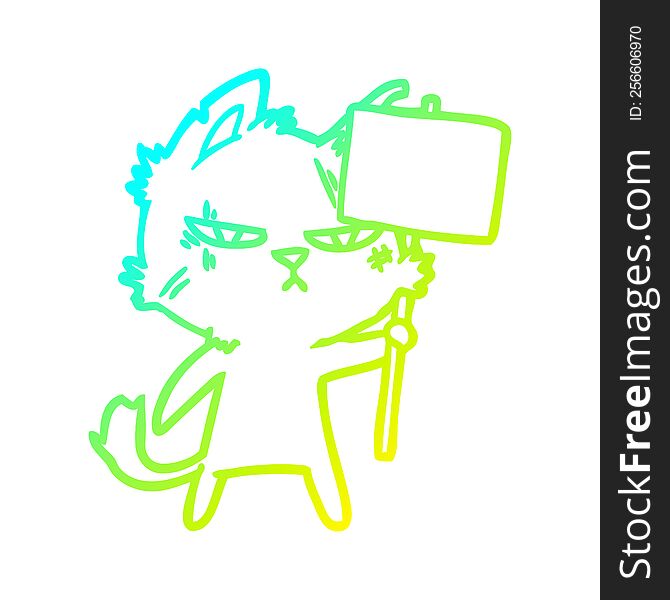 cold gradient line drawing of a tough cartoon cat with protest sign