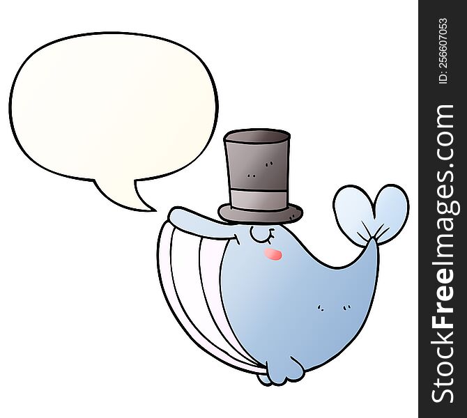 cartoon whale and top hat and speech bubble in smooth gradient style