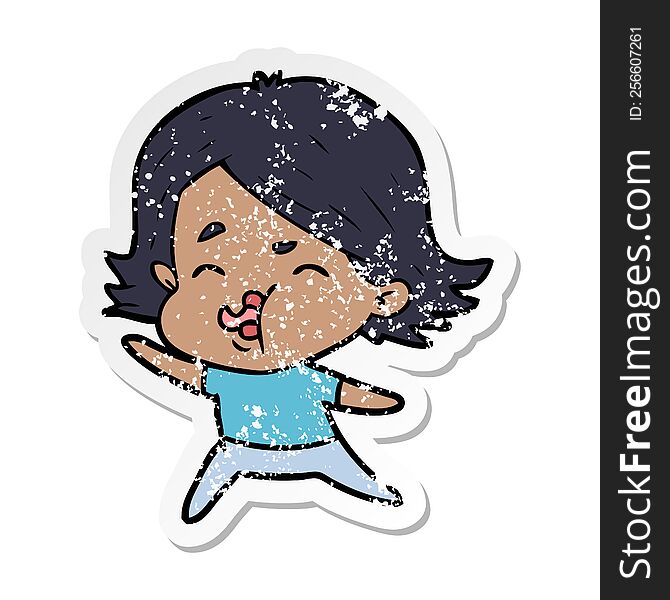 distressed sticker of a cartoon girl pulling face