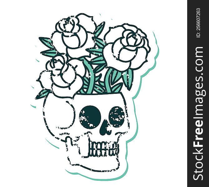 iconic distressed sticker tattoo style image of a skull and roses. iconic distressed sticker tattoo style image of a skull and roses
