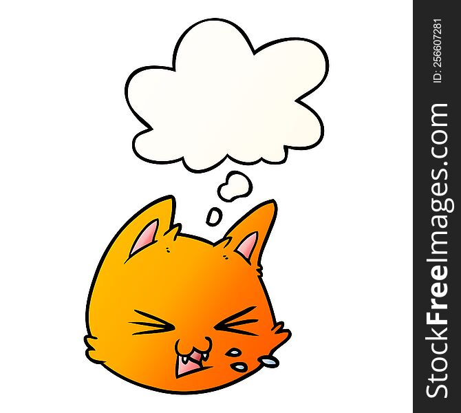 spitting cartoon cat face and thought bubble in smooth gradient style