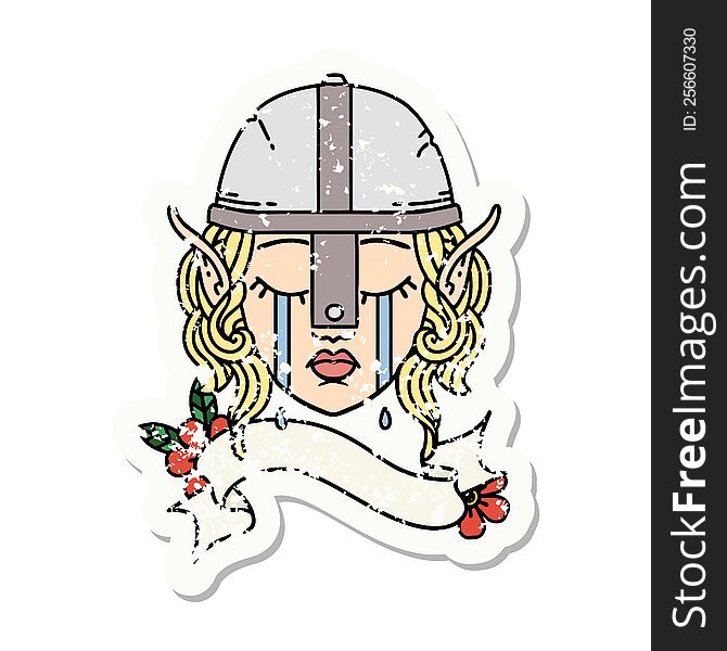 grunge sticker of a crying elf fighter character face. grunge sticker of a crying elf fighter character face