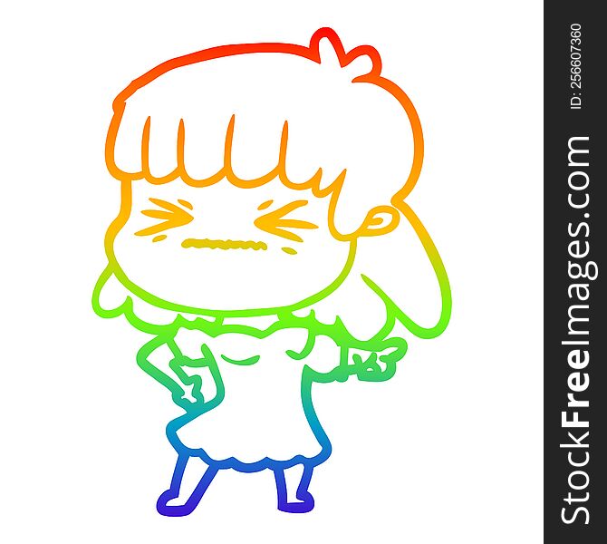 rainbow gradient line drawing of a cartoon angry girl