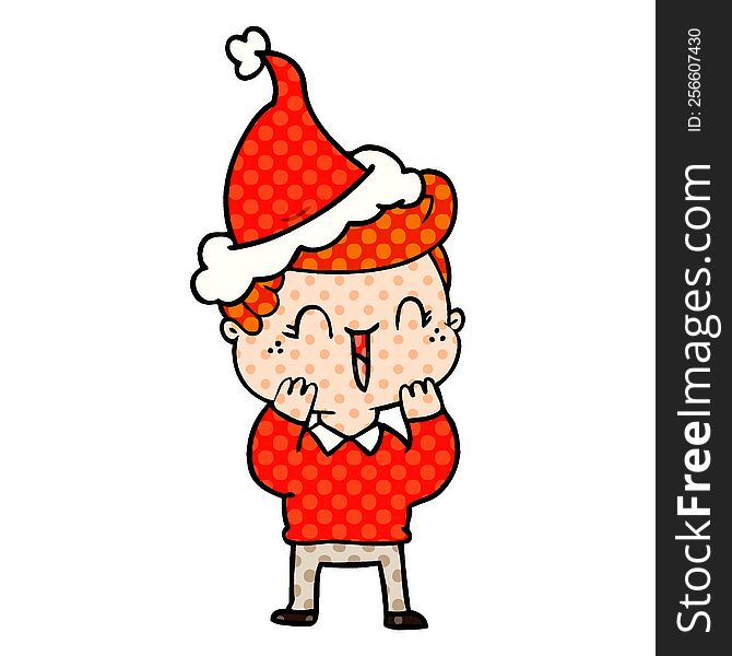 Comic Book Style Illustration Of A Laughing Boy Wearing Santa Hat