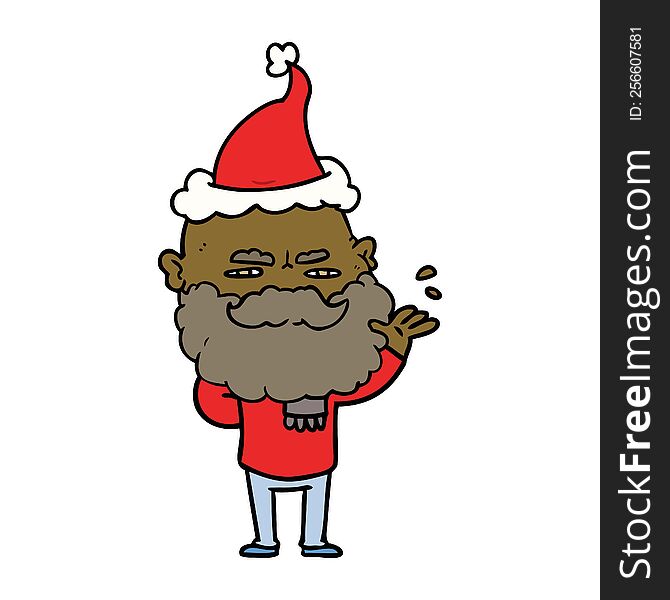 Line Drawing Of A Dismissive Man With Beard Frowning Wearing Santa Hat