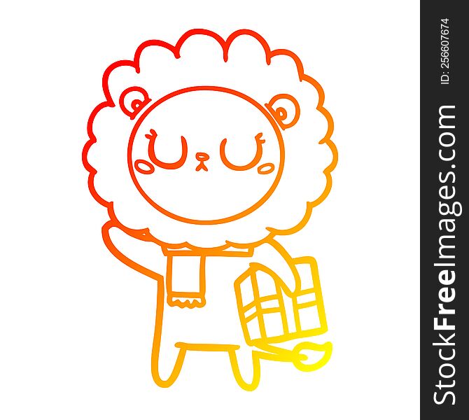 Warm Gradient Line Drawing Cartoon Lion With Christmas Present