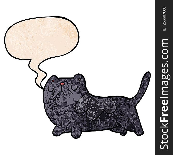 cartoon cat with speech bubble in retro texture style