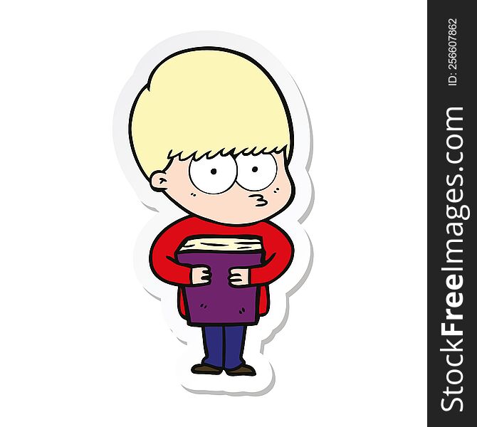 Sticker Of A Nervous Cartoon Boy Holding Book