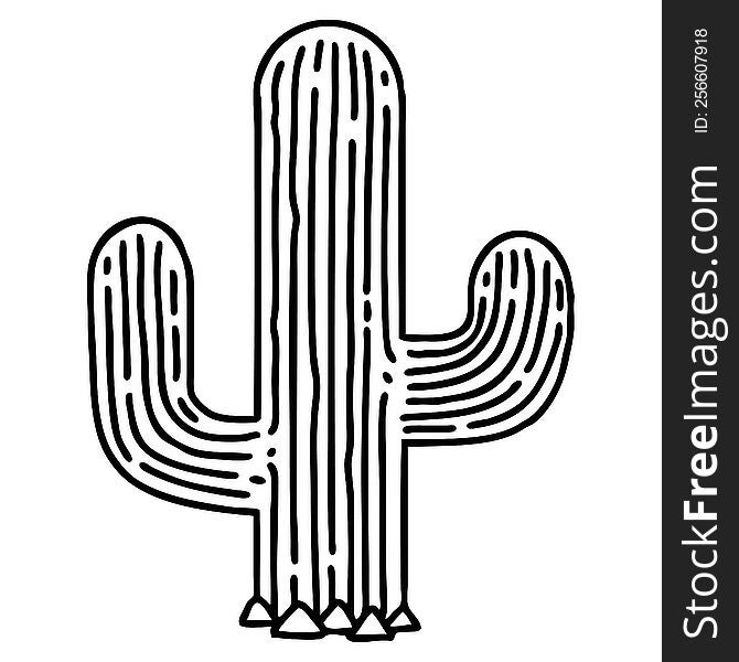 Black Line Tattoo Of A Cactus