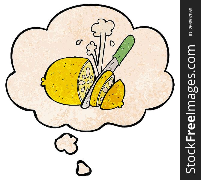 cartoon sliced lemon with thought bubble in grunge texture style. cartoon sliced lemon with thought bubble in grunge texture style