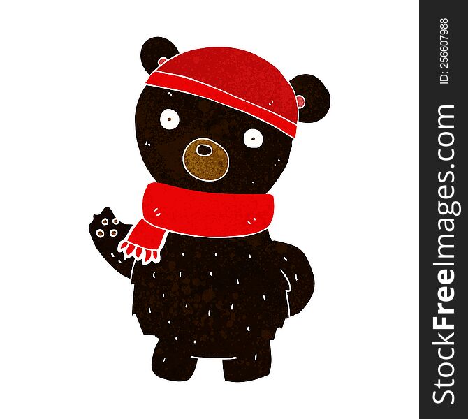 cartoon black bear in winter hat and scarf