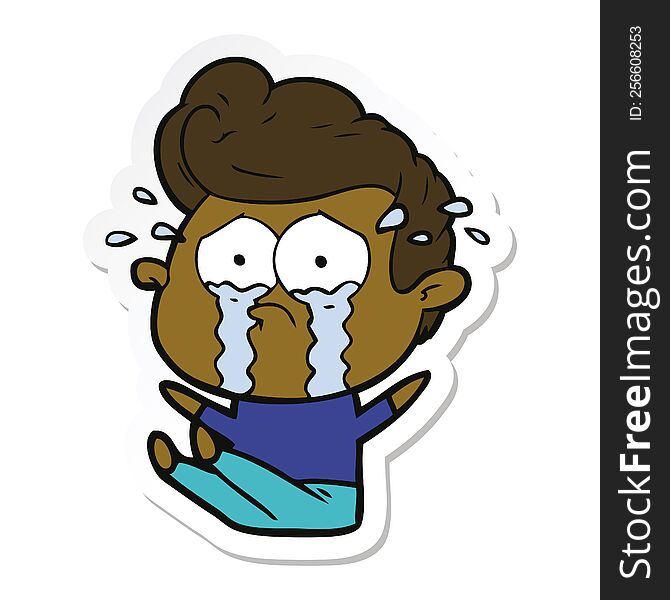 sticker of a cartoon crying man sat on floor