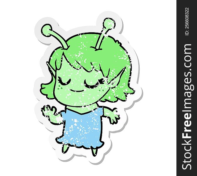 Distressed Sticker Of A Smiling Alien Girl Cartoon