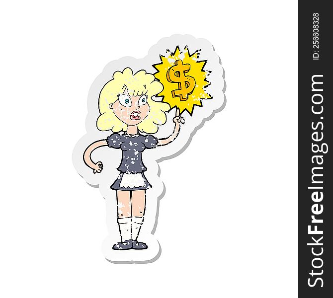 retro distressed sticker of a cartoon waitress with money symbol