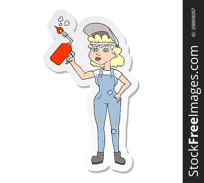 sticker of a cartoon woman welding