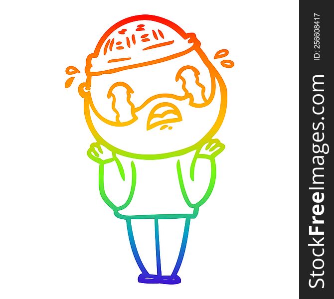 Rainbow Gradient Line Drawing Cartoon Bearded Man Crying