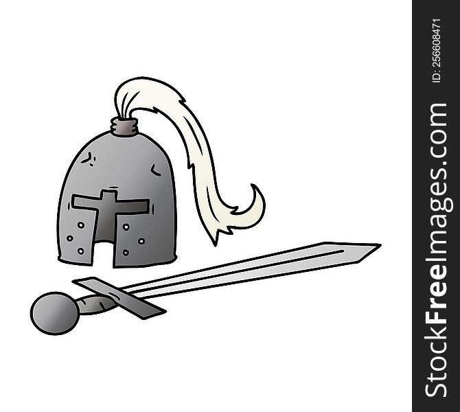 hand drawn gradient cartoon doodle of a medieval helmet and sword