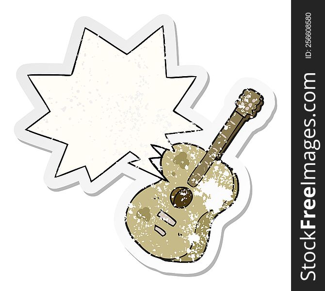cartoon guitar with speech bubble distressed distressed old sticker. cartoon guitar with speech bubble distressed distressed old sticker