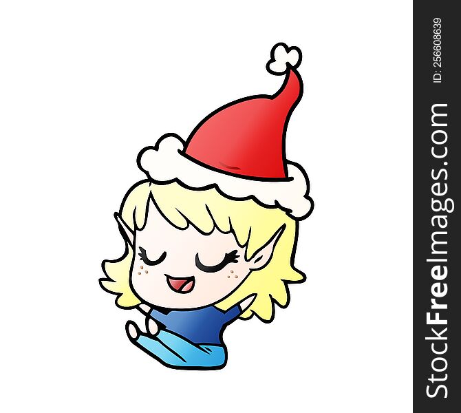 Happy Gradient Cartoon Of A Elf Girl Sitting Wearing Santa Hat