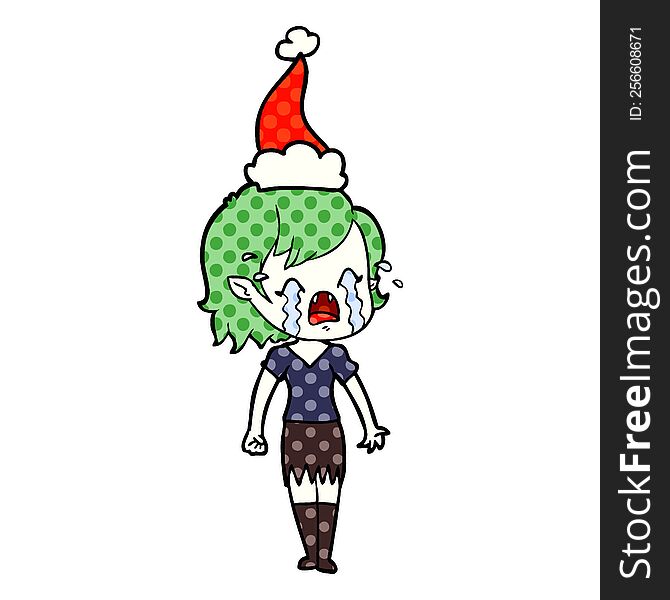 Comic Book Style Illustration Of A Crying Vampire Girl Wearing Santa Hat