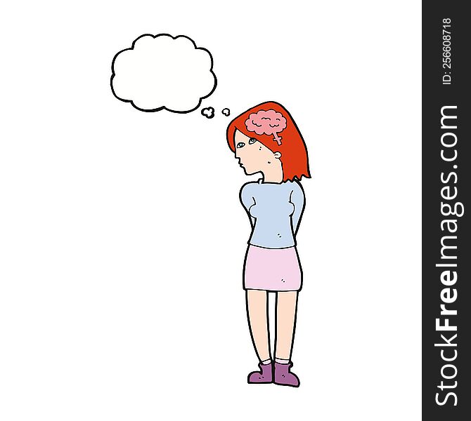 cartoon brainy woman with thought bubble