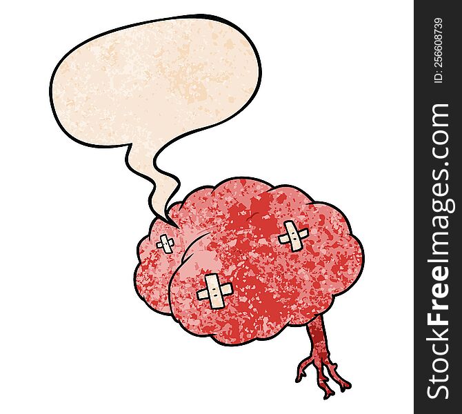 Cartoon Injured Brain And Speech Bubble In Retro Texture Style