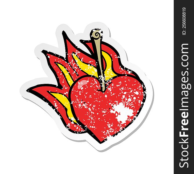 retro distressed sticker of a cartoon flaming heart cherry