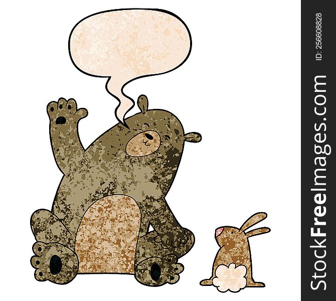 cartoon bear and rabbit friends with speech bubble in retro texture style
