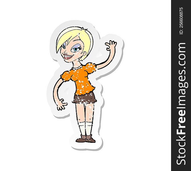 Retro Distressed Sticker Of A Cartoon Girl Waving