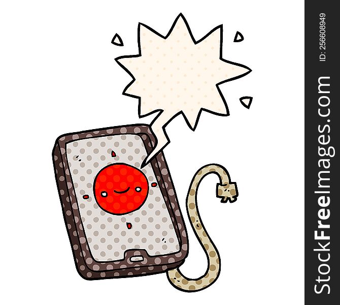 cartoon mobile phone device with speech bubble in comic book style