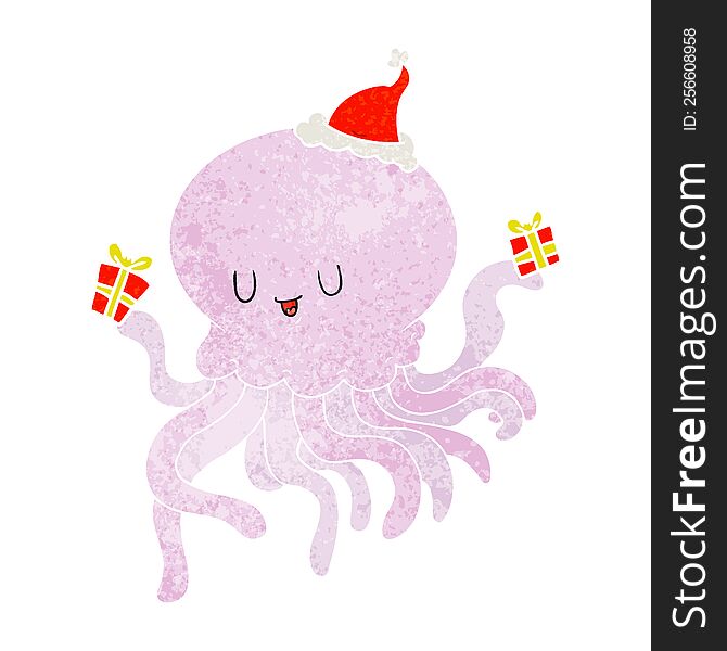 Retro Cartoon Of A Jellyfish In Love Wearing Santa Hat