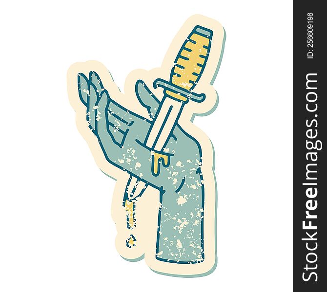 iconic distressed sticker tattoo style image of a dagger in the hand. iconic distressed sticker tattoo style image of a dagger in the hand