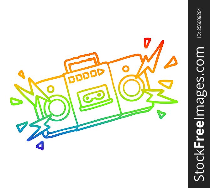 Rainbow Gradient Line Drawing Retro Cartoon Tape Cassette Player Blasting Out Old Rock Tunes