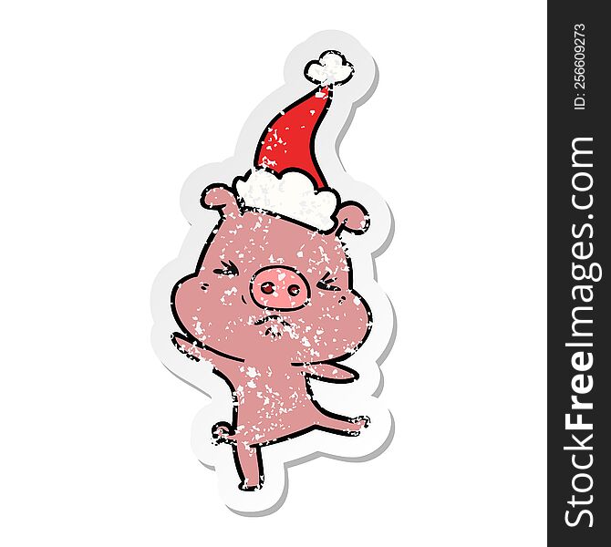 distressed sticker cartoon of a furious pig wearing santa hat