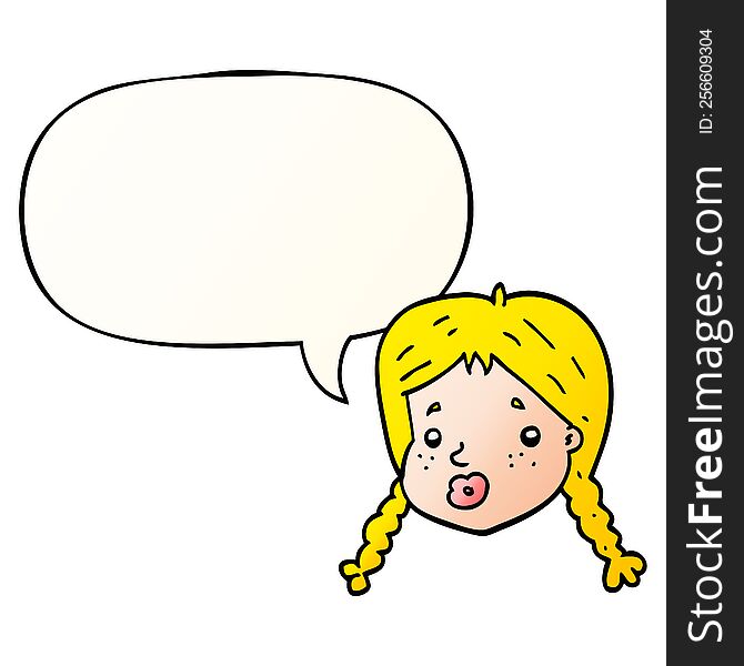 Cartoon Girls Face And Speech Bubble In Smooth Gradient Style
