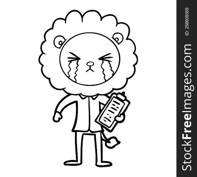 cartoon crying lion with clipboard. cartoon crying lion with clipboard