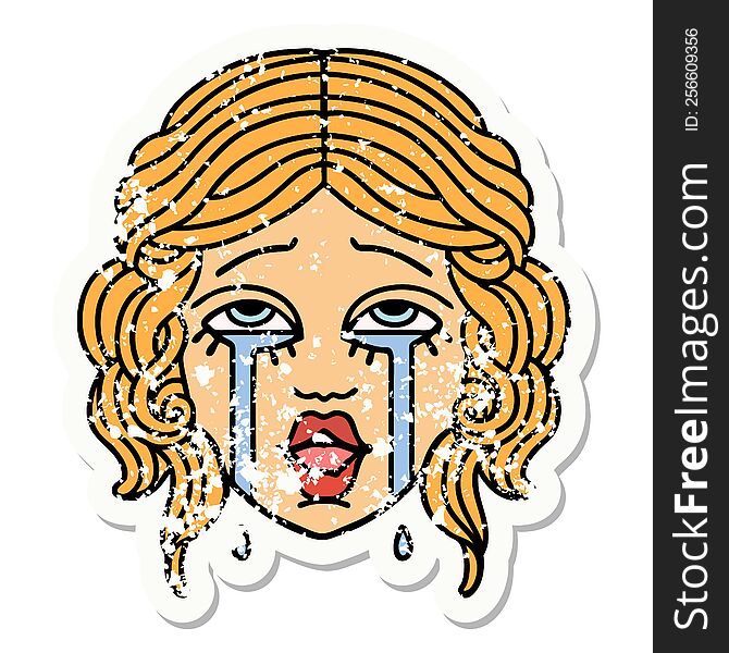 Traditional Distressed Sticker Tattoo Of A Very Happy Crying Female Face