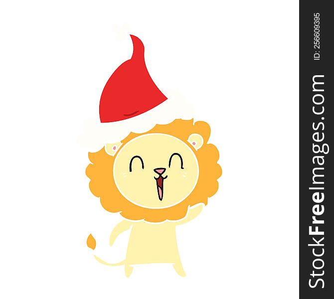 Laughing Lion Flat Color Illustration Of A Wearing Santa Hat