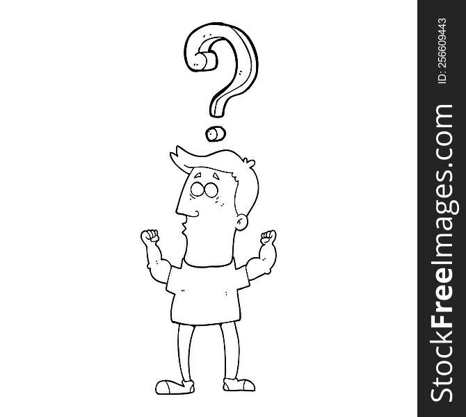 freehand drawn black and white cartoon man with question