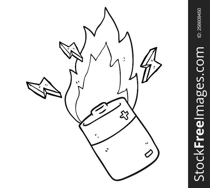 freehand drawn black and white cartoon flaming battery