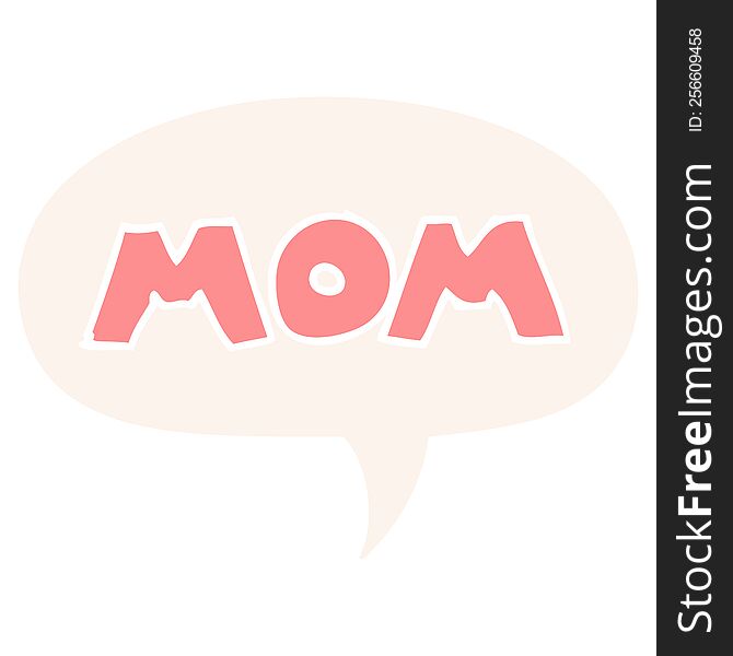 cartoon word mom with speech bubble in retro style